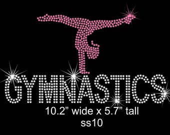 May include: Rhinestone design of a gymnast in a handstand pose with the word "GYMNASTICS" below. The design is 10.2 inches wide and 5.7 inches tall. The design is labeled "ss10".