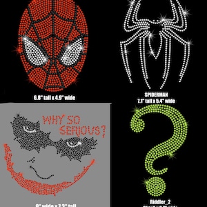 May include: Four rhinestone iron-on transfers on a black background: a red and black Spider-Man mask (6.8" x 4.9"), a white spider emblem (7.1" x 5.4"), a Joker face with the text "WHY SO SERIOUS?" (9" x 7.3"), and a green question mark (6" x 3.7").