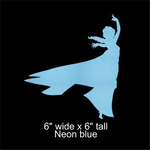 May include: A silhouette of a woman in a flowing dress, 6 inches wide by 6 inches tall, in neon blue.