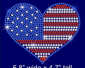 5.8" USA flag heart iron on rhinestone transfer applique patch bling