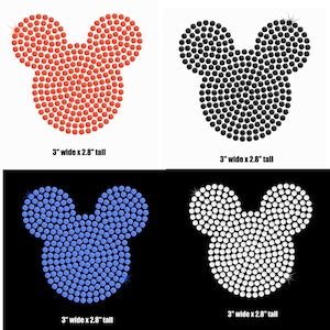 May include: Four different colored Mickey Mouse head designs made of rhinestones. The designs are 3 inches wide and 2.8 inches tall. The colors are red, black, blue, and white.
