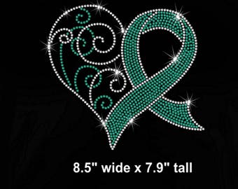 8.5" Awareness Teal (blue zircon) Ribbon iron on rhinestone transfer