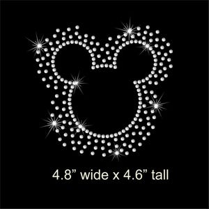 May include: A rhinestone transfer design featuring a mouse head silhouette outlined in clear, sparkling crystals against a black background. The design measures 4.8 inches wide by 4.6 inches tall, with multiple starburst light effects highlighting the stones.