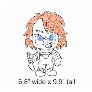 May include: A rhinestone design of a cartoon character with orange hair, blue eyes, and a knife. The character wears overalls and a striped shirt. The design is 6.8" wide x 9.9" tall.
