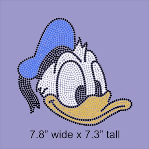 May include: A cartoon image of Donald Duck made of rhinestones. The image is 7.8 inches wide and 7.3 inches tall. The image is on a light purple background.