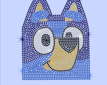May include: Blue, yellow, and black rhinestone iron-on patch of a cartoon character with large eyes and a smile. The patch is 5.9 inches wide and 7.5 inches tall.