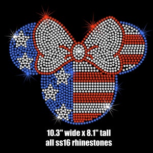 May include: Red, white, and blue rhinestone design of a Mickey Mouse head with a bow. The design is 10.3 inches wide and 8.1 inches tall. All rhinestones are size SS16.