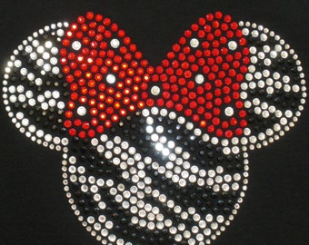 6.5 inch zebra Minnie Mouse iron on rhinestone transfer in RED/clear for shirt