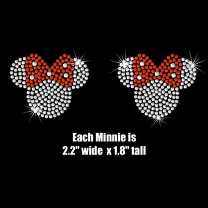 Set of TWO small clear 2.2" Minnie Mouse iron on rhinestone transfer with your bow color choice