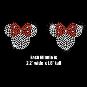 TWO small clear 2.2" Minnie Mouse iron on rhinestone transfer - your bow color choice