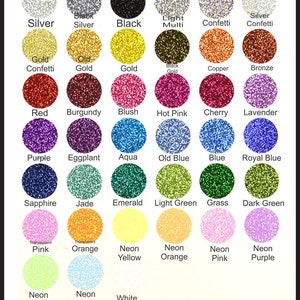 May include: A chart of 30 different colors of glitter, including silver, gold, red, purple, blue, green, pink, orange, yellow, and white. Each color is represented by a small circle of glitter.
