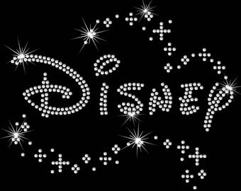 May include: A rhinestone transfer featuring the word Disney in a cursive script, accented by scattered star-shaped sparkles and dots. The design is set against a black background and measures 8.3 inches wide by 6.9 inches tall as indicated by text.