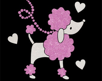 6.5" (2 piece) Poodle with pearl leash iron on glitter vinyl transfer DIY applique patch