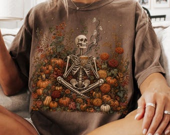 Skeleton Among Pumpkins T-Shirt | Autumn Halloween Skull Illustration