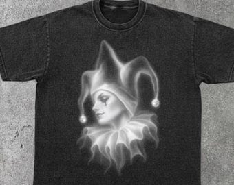 Jester Harlequin Portrait T-shirt | Vintage Monochrome Jester Art