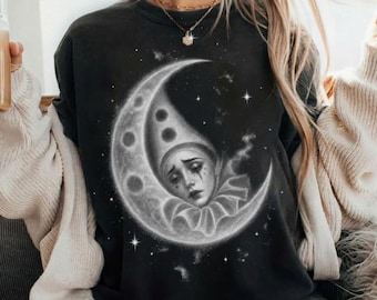 Vintage Celestial Crescent Moon Shirt, Pierrot Sad Clown Graphic Tee, Gothic Mystic Astrology Streetwear, Comfort Colors