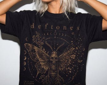 Gothic Moth Shirt, Vintage Graphic Tee, Celestial Botanical Oversized T-Shirt, Alternative Streetwear Unisex