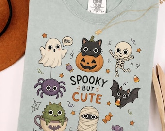 Spooky But Cute Shirt, Halloween Graphic Tee, Vintage Spooky Season Shirt, Pumpkin Black Cat Ghost Skeleton T-Shirt