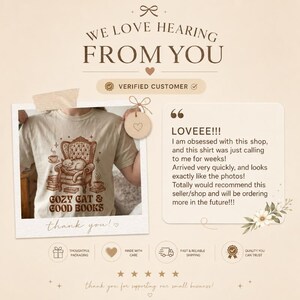 May include: Beige t-shirt with a graphic of a cat sleeping in a cozy armchair, surrounded by books and teacups. The text "Cozy Cat & Good Books" is below the graphic. The image includes customer feedback and shop branding.