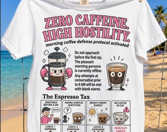 Zero Caffeine High Hostility Shirt, Funny Coffee Lover Tee, Morning Coffee Defense Protocol, Espresso Tax Graphic, Comfort Colors