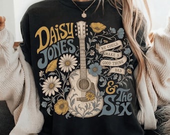 Daisy Jones And The Six Shirt, Retro 70s Rock Music Tee, Vintage Acoustic Guitar Graphic T-Shirt, Festival Boho Style Wildflower Top