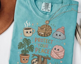 Protect Your Peace cute sloth and cozy elements T-shirt | plant, coffee, cat design