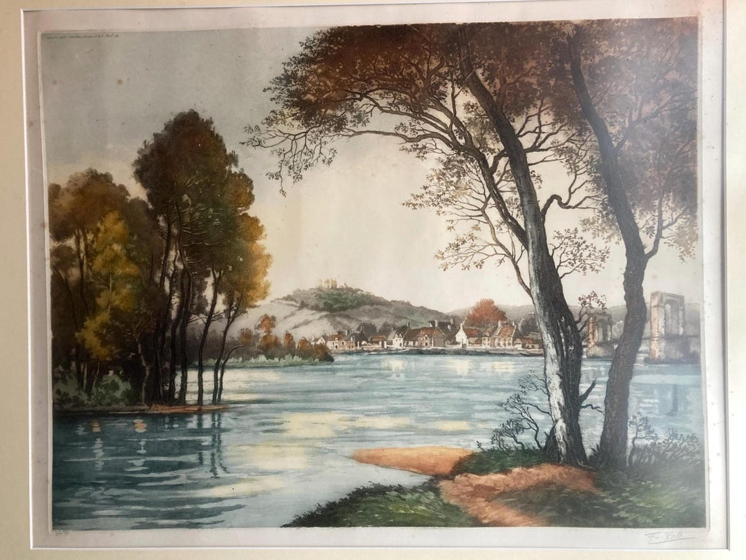 Colour Etching of a Lake Side Scene in France From Francis Roth ...