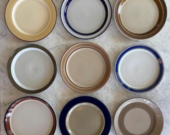 1970's mismatched minimal, stoneware/porcelain dinner plates, made in Japan & Scandinavia! Sold individually.