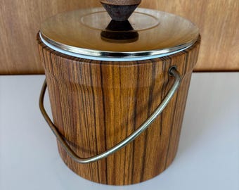 Vintage 1960/70's faux wood with brass handle ice bucket with lid. 2 pieces.