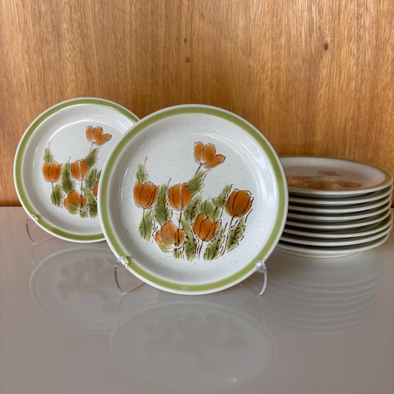 Meadowbrook Stoneware 1970's Orange Poppies/Tulips made in Japan bread & butter. Set of two.