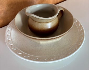 Vintage 1970's mismatched stoneware service set. Sold individually.