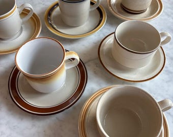 Vintage 1970's mismatched minimal, cups & saucers, made in Japan. Set of six.