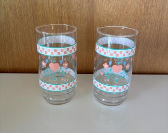 Vintage 80's Country Pink Hearts & Flowers by Indiana Glass Co. Set of two.