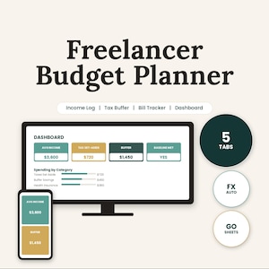 Puede incluir: Una plantilla digital de presupuesto para freelancers en Excel y Google Sheets. La pantalla muestra un panel con seguimiento de ingresos, impuestos y reservas. Incluye 5 pestañas, cálculos FX automáticos y vista móvil. Texto: Budget Template, Freelancer Budget Planner, Income Log, Tax Buffer, Bill Tracker, Dashboard, 5 Tabs, FX Auto, Go Sheets, Instant Download, Automated Dashboard, Editable Template.