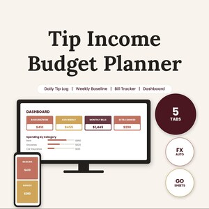May include: A digital Tip Income Budget Planner template for Excel and Google Sheets. The layout features a computer monitor and smartphone displaying a dashboard with financial data, including a daily tip log, weekly baseline, and bill tracker.