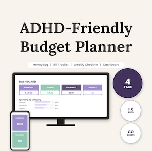 ADHD-budgetplanerare | Google Sheets Pengarspårning (digital nedladdning)