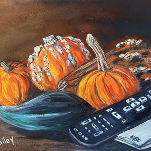 May include: A still life painting of gourds and a remote control. The gourds are various shades of orange, green, and brown. The remote control is black with white buttons. The painting is signed "Deb Bailey".