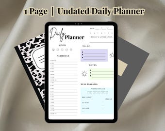 May include: A digital daily planner on a tablet screen. The planner has sections for mood, schedule, to-do list, notes, and meal tracking. The planner is undated and has a simple black and white design.
