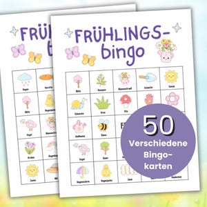 Könnte beinhalten: Zwei weiße Bingokarten mit Frühlingsmotiven. Die Karten zeigen farbenfrohe Illustrationen von Blumen, Insekten und Wetterelementen. Der Text "FRÜHLINGS- bingo" steht oben, und ein lila Kreis zeigt "50 Verschiedene Bingo-karten."