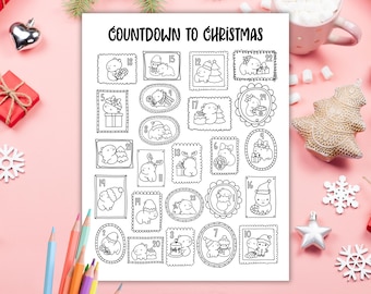 Julnedräkning till kapybaramålarbild, utskrivbar adventskalender, nedräkningskalender för barn, målarbild för högtider, söt kapybarapresent