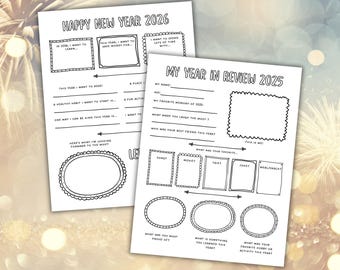 2025 Kinder Jahresrückblick zum Ausdrucken, 2026 Neujahr Vorsätze und Vorlage für Silvester, Jahresrückblick und Jahresrückblick