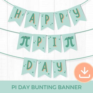 May include: A light blue bunting banner with the words "HAPPY" and "DAY" in green letters, and the pi symbol. The letters and pi symbol have an orange outline. The banner is strung on a white background with a download icon.