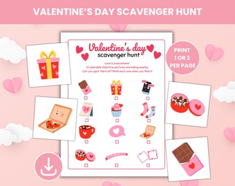 Valentine's Day scavenger hunt game, printable Valentines indoor treasure hunt with cards, valentine games for kids, classroom activity