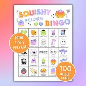 Könnte beinhalten: Ein ausdruckbares Halloween-Bingo-Spielblatt mit dem Titel SQUISHY HALLOWEEN BINGO, das bunte Cartoon-Illustrationen von Plüschtieren, Kürbissen und Geistern zeigt. Das Raster enthält Textbeschriftungen und ein freies Feld in der Mitte.