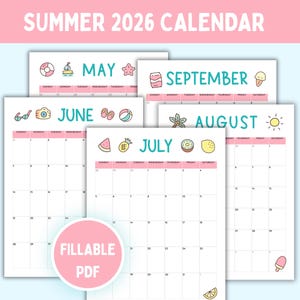 Puede incluir: Conjunto de calendarios de verano 2026 imprimibles. Cada página del calendario presenta un mes diferente, con ilustraciones coloridas con temática de verano y el texto "Summer 2026 Calendar". Los calendarios están en formato PDF rellenable.