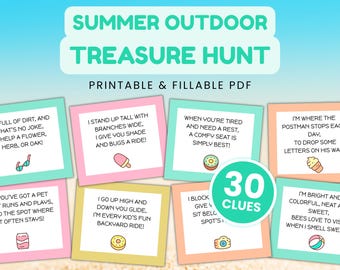Summer outdoor treasure hunt for kids, fillable scavenger hunt with clues, easy backyard scavenger hunt, editable kids scavenger hunt cards