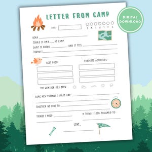 Carta del campamento imprimible, cartas para campamentos de verano, papelería para campamentos de verano, correo para campamentos de verano, cartas para campamentos, correo postal