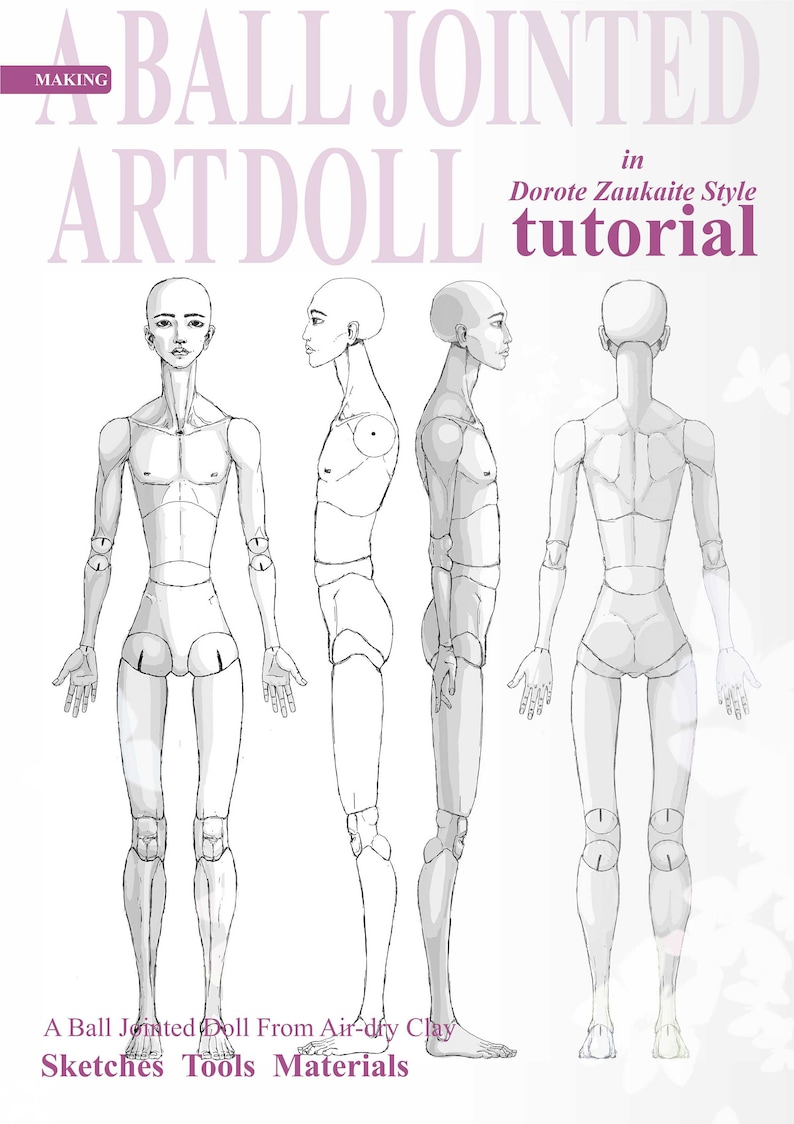 K&ouml;nnte beinhalten: Zeichnungstutorial f&uuml;r die Herstellung einer Kugelgelenk-Kunstpuppe im Stil von Dorote Zaukaite. Das Tutorial zeigt die Puppe von vorne, von der Seite und von hinten.