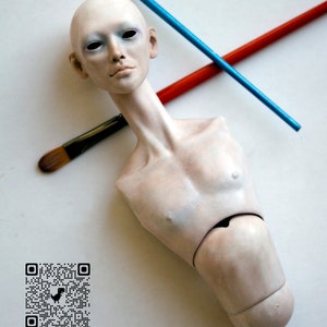 K&ouml;nnte beinhalten: Ein wei&szlig;er Porzellan-Puppenkopf und -Torso mit bemaltem Gesicht und einem QR-Code mit dem Text "dorotesdolls".