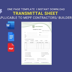 May include: A digital transmittal sheet template with the text "TRANSMITTAL SHEET" and "(APLLICABLE TO MEPF CONTRACTORS/ BUILDERS)". The image includes icons for Word, PDF, and a document. The background is a dark blue with floral accents.